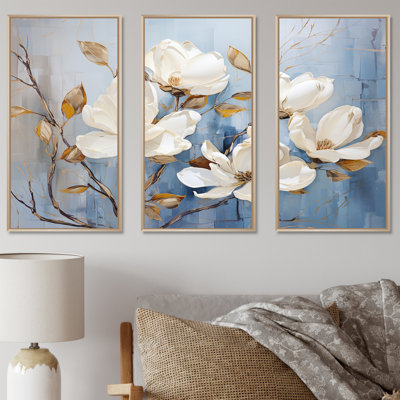 «Elegant White and Blue Magnolias Bloom VI», ensemble d'art sur toile Magnolias