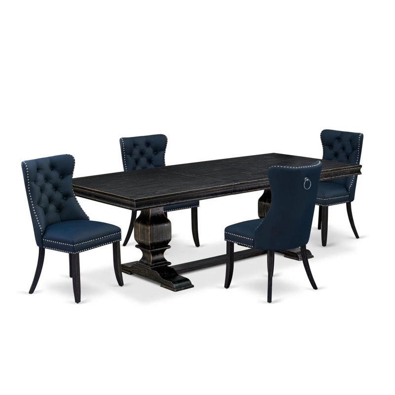 5-piece dining set includes a dinner table and 4 Navy Blue Polyester Fabric kitchen Chairs with Button Tufted Chair Back - Sand Blasting Black Finish.