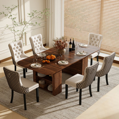 Ensemble de table et de chaises de salle à manger rectangulaire avec 4 à 6 chaises rembourrées en velours et rangement, style ferme moderne