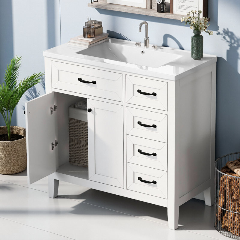 Meuble-lavabo moderne 36 po avec lavabo en céramique et grand rangement, Blanc