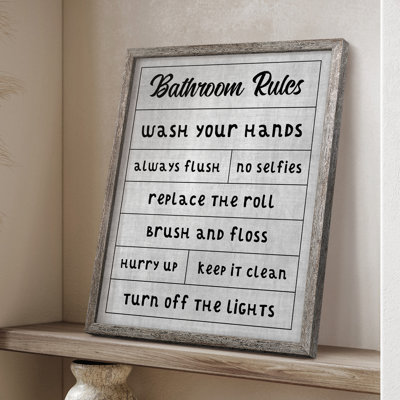 «Simple Bathroom Rules», reproduction encadrée - bois massif