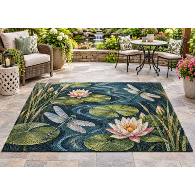 5' x 7' Outdoor Area Rug Dragonfly Lily Pad Pond Heavyweight Waterproof PVC Coil Loop Carpet, Heavy Duty Patio Rug, Quick Dry Indoor Outdoor Mat for Porch Deck Balcony Entryway RV Camping