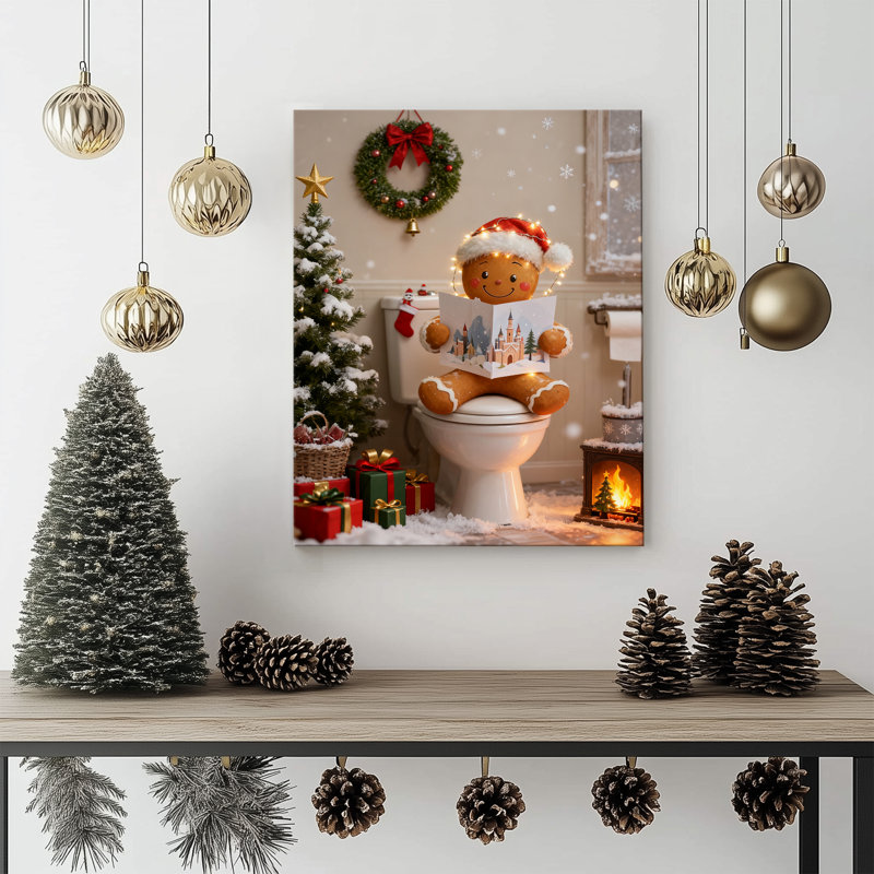 «P&L Art Gingerbread Man Christmas», art mural sur toile, décor festif avec chapeau de père Noël et lumières, reproduction sur toile encadrée
