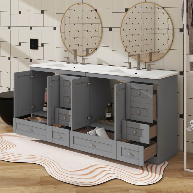 Meuble-lavabo autoportant de 72 po de style Shaker avec lavabo en céramique, tiroirs à fermeture en douceur et portes à fermeture en douceur