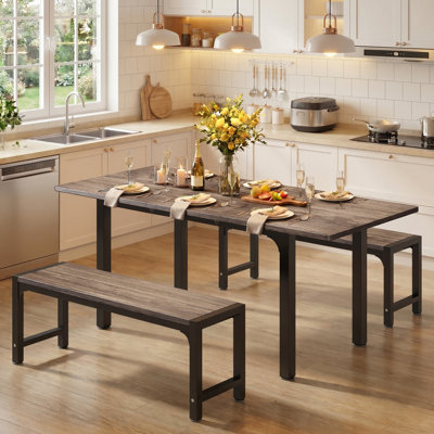63" Modern Extendable Dining Set with Smart-Flip Leaf, Seats 4-6, Space-Saving Kitchen Table with Bench for Kitchen,Dining Room and Apartment