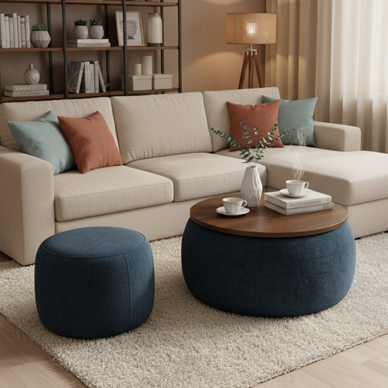 25" W Round Storage Ottoman with Removable Lid, Fully Assembled Footrest and Coffee Table, Dark Blue, Dark Blue