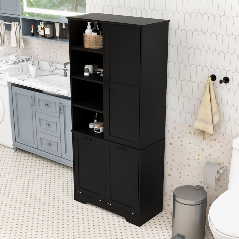 Stylish Bathroom Storage Cabinet with Tilt-Out Laundry Hampers, Adjustable Shelves and Anti-Tipping, Matte Black