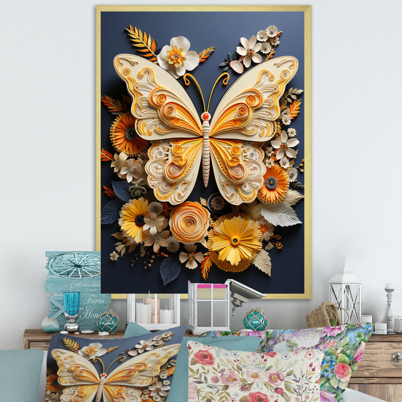 Décoration murale citron jaune I - papillon, H 40 po x l 30 po x P 1,5 po, Encadrement doré