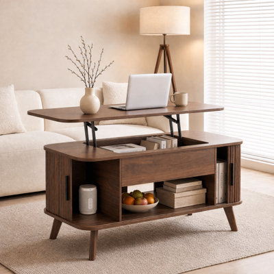 Rectangular Lift Top Coffee Table With Hidden Storage & Open Shelf, Coffee Table With Fluted Sliding Door Cabinets