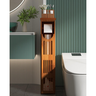 Bamboo Toilet Paper Holder with Storage, Bathroom Toilet Paper Storage Cabinet, Small Bathroom Storage Cabinet for Small Spaces, Slim Bathroom Storage Cabinet, (Bamboo)