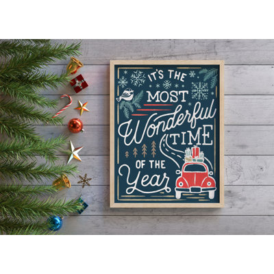 Christmas Wall Art Most Wonderful Time Red Car Retro Xmas Poster Framed Rustic Statement Festive Holiday Print Bedroom Decoration