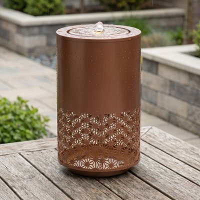 Outdoor Water Fountain with Candle Style Cutout & Warm LED Lights, Modern Freestanding Metal Water Feature for Patio Backyard Decor