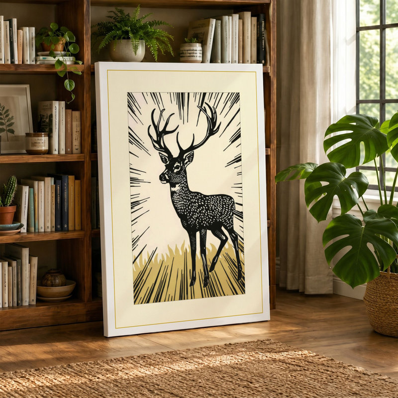 Radiant Deer Japandi - Wrapped Canvas, 18x12 - 45.7 x 30.5 cm, Teal Border