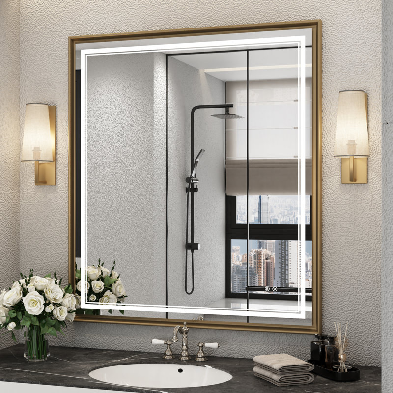 Bathroom Vanity Mirror Framed Led Bathroom Mirror Rectangle Lighted Wall Mounted Mirror Anti-Fog Dimmable 3 Frontlit (Horizontal/Vertical)