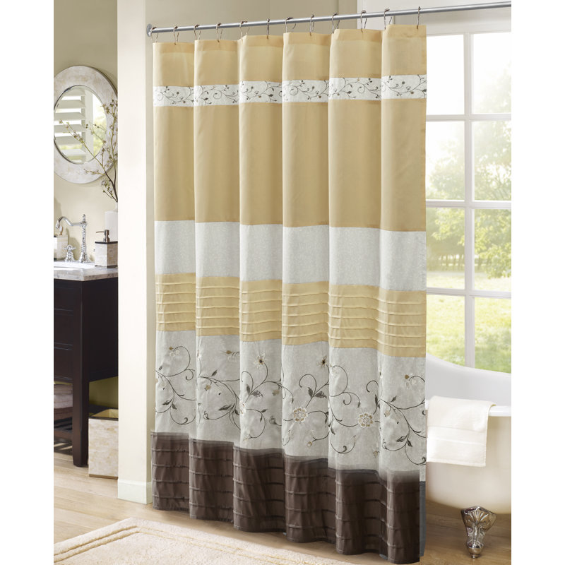 Embroidered Floral Faux Silk Shower Curtain in Yellow and Gray