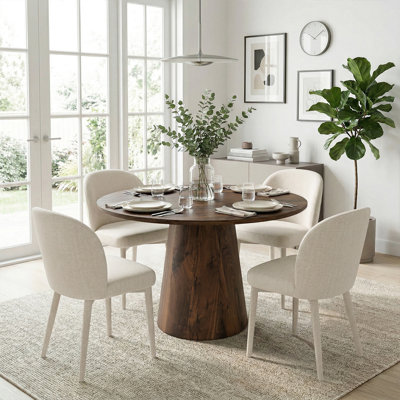 Modern Round Dining Table Set With Upholstered Chenille Dining Chairs, Pedestal Kitchen Table Set For 4