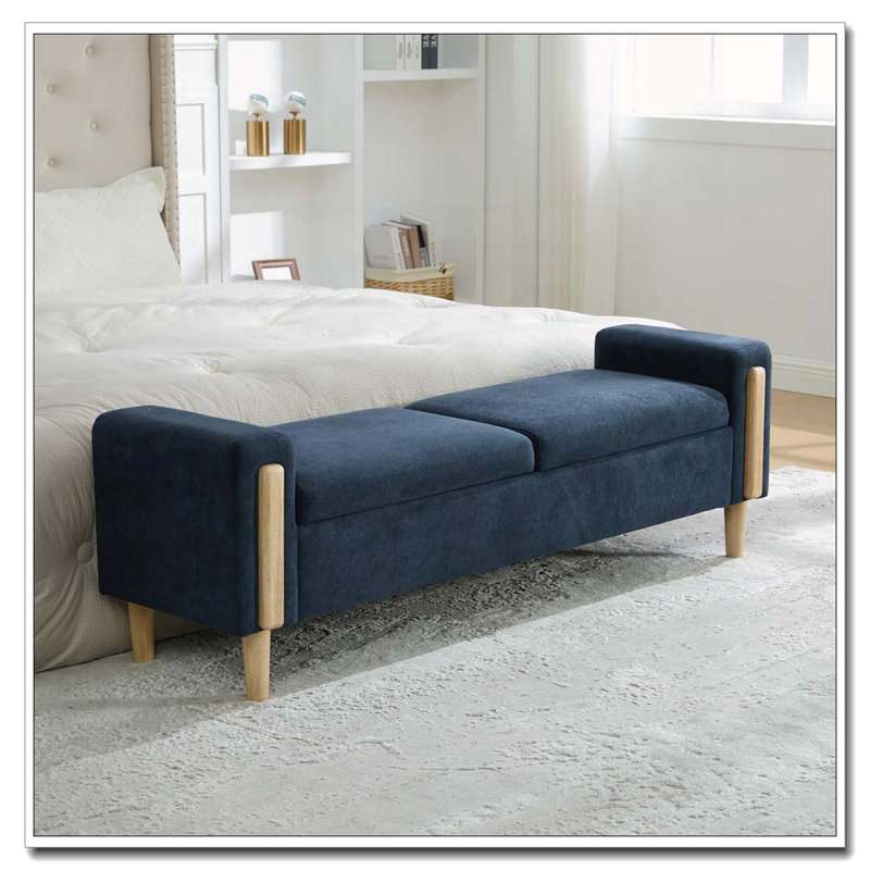 Banc de rangement rembourré avec couvercles doubles et accoudoirs, Bleu