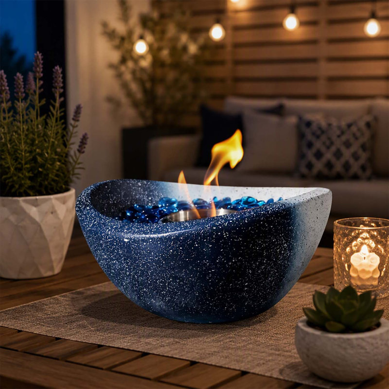 Foyer de table portable en béton avec des couleurs mélangées, idéal pour une utilisation intérieure et extérieure sans fumée, foyer à éthanol personnel