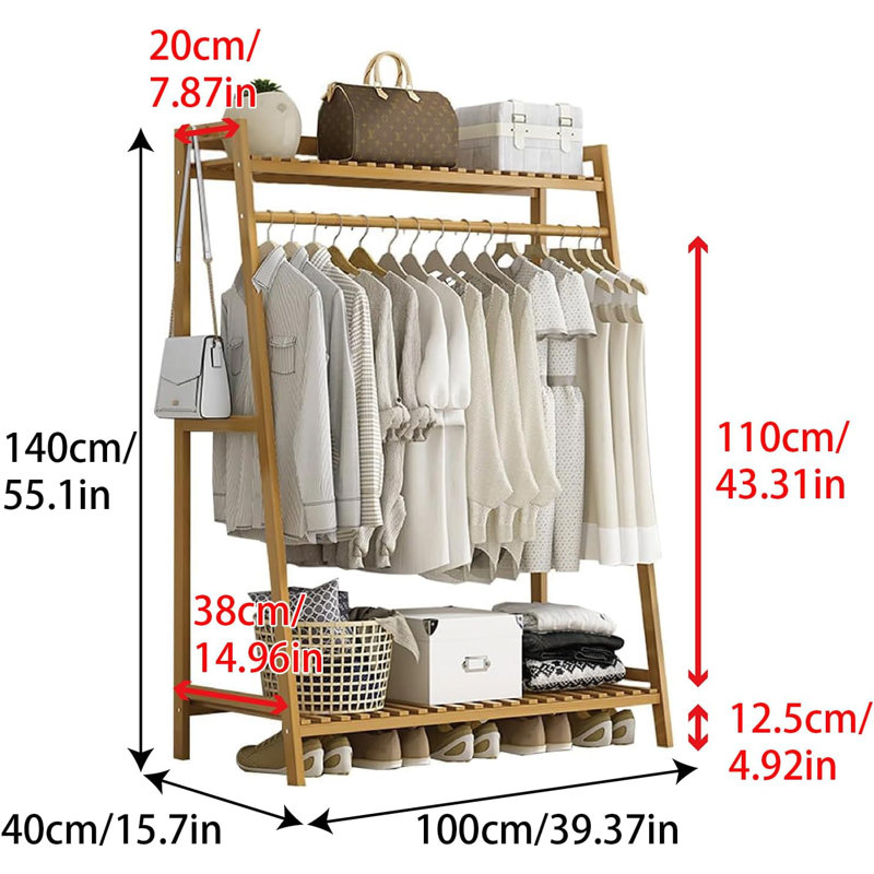 Tablette suspendue en bambou avec support supérieur et tablette à chaussures, Brun