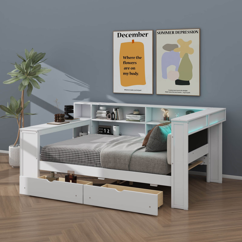 Wood Full-Size Platform Bed With Storage, Charging Station, LED, Desk, And Upholstered Headboard, White/Beige