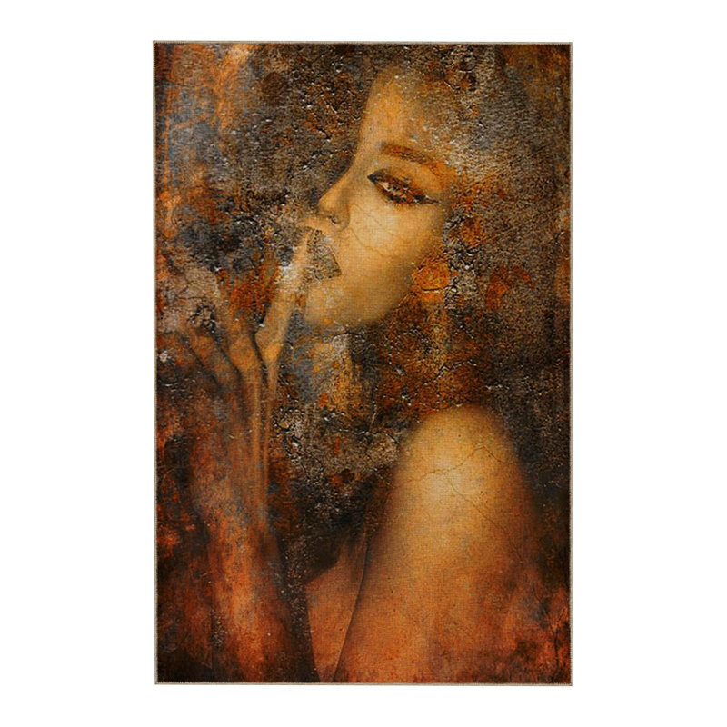 Orange Toned Woman Face Detailed Woven Base Washable Rug, Rectangle 3'3" x 4'11" Rug Pad Included