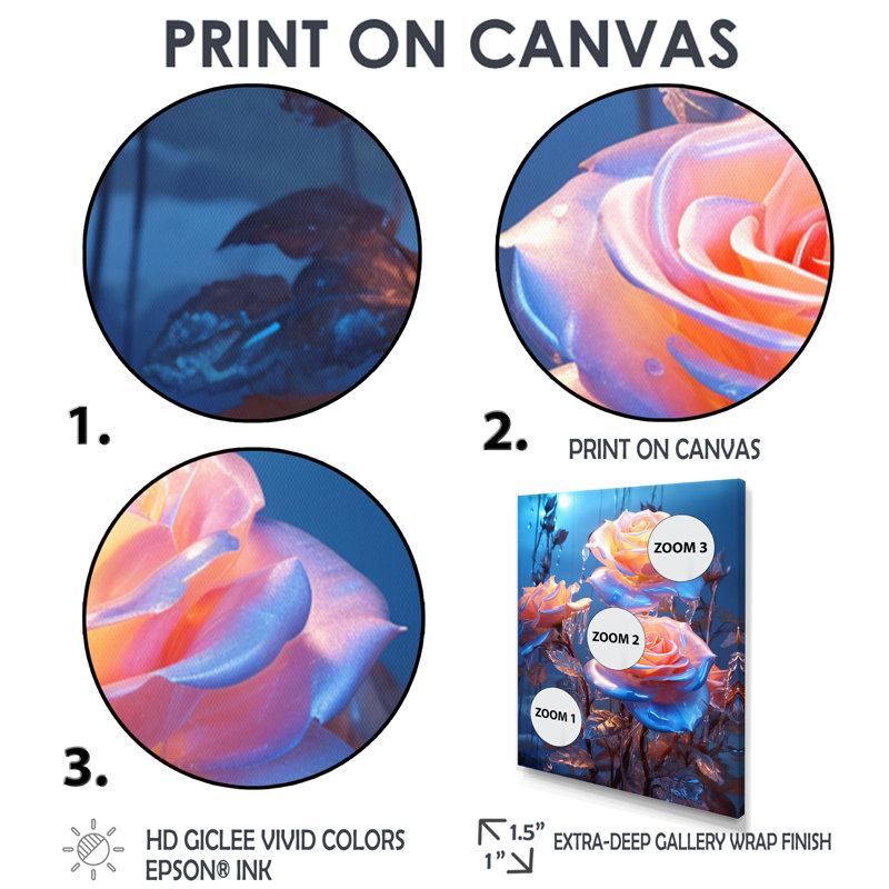 «Magical Pink Nocturnal Magic - Roses», reproduction d'art murale, H 20 po x l 12 po x P 1 po, Toile avec cadre flottant noir