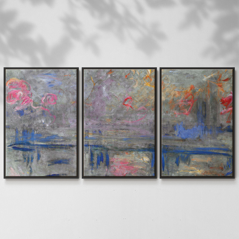 Monet - 3 pièces, reproduction encadrée sur toile, H 24 po x l 48 po x P 2 po, Noir