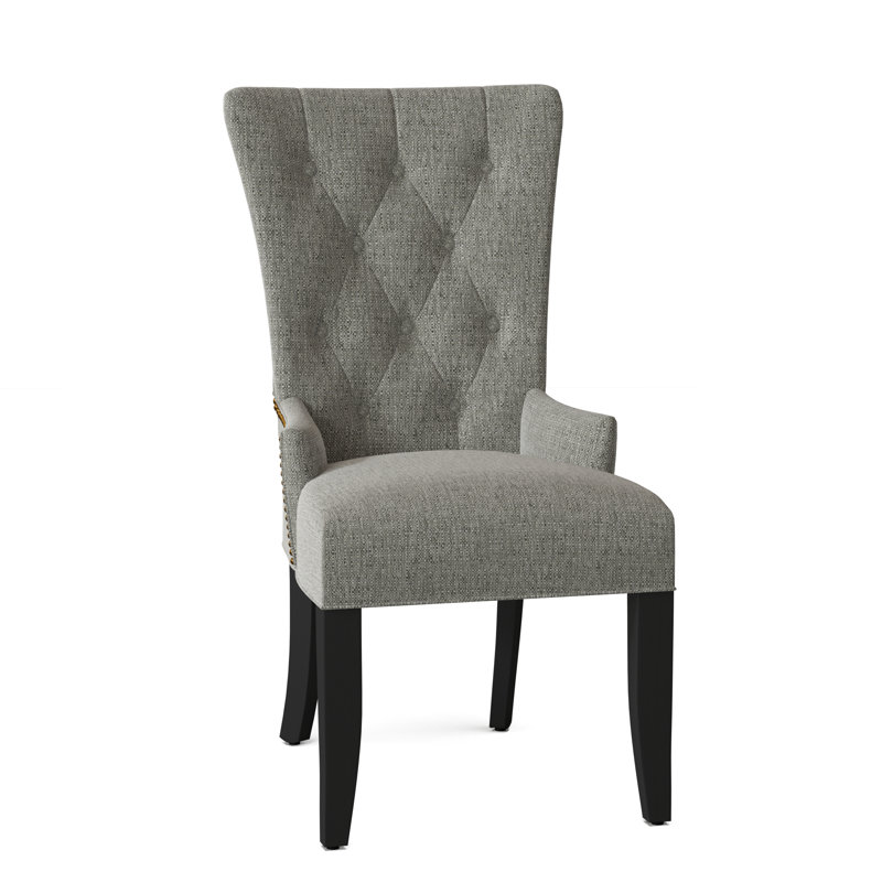 Upholstered Dining Chair, Black Satin, Brass, Gray