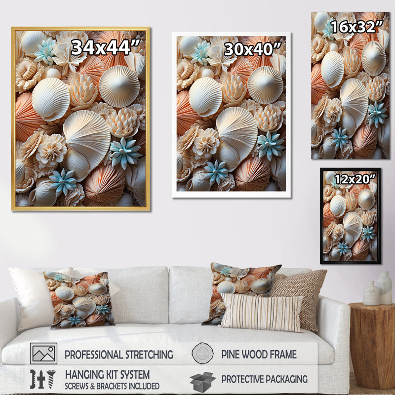 «Classic Seashells By The Sea II», reproduction sur toile, H 32 po x l 16 po x P 1 po, Cadre flottant noir