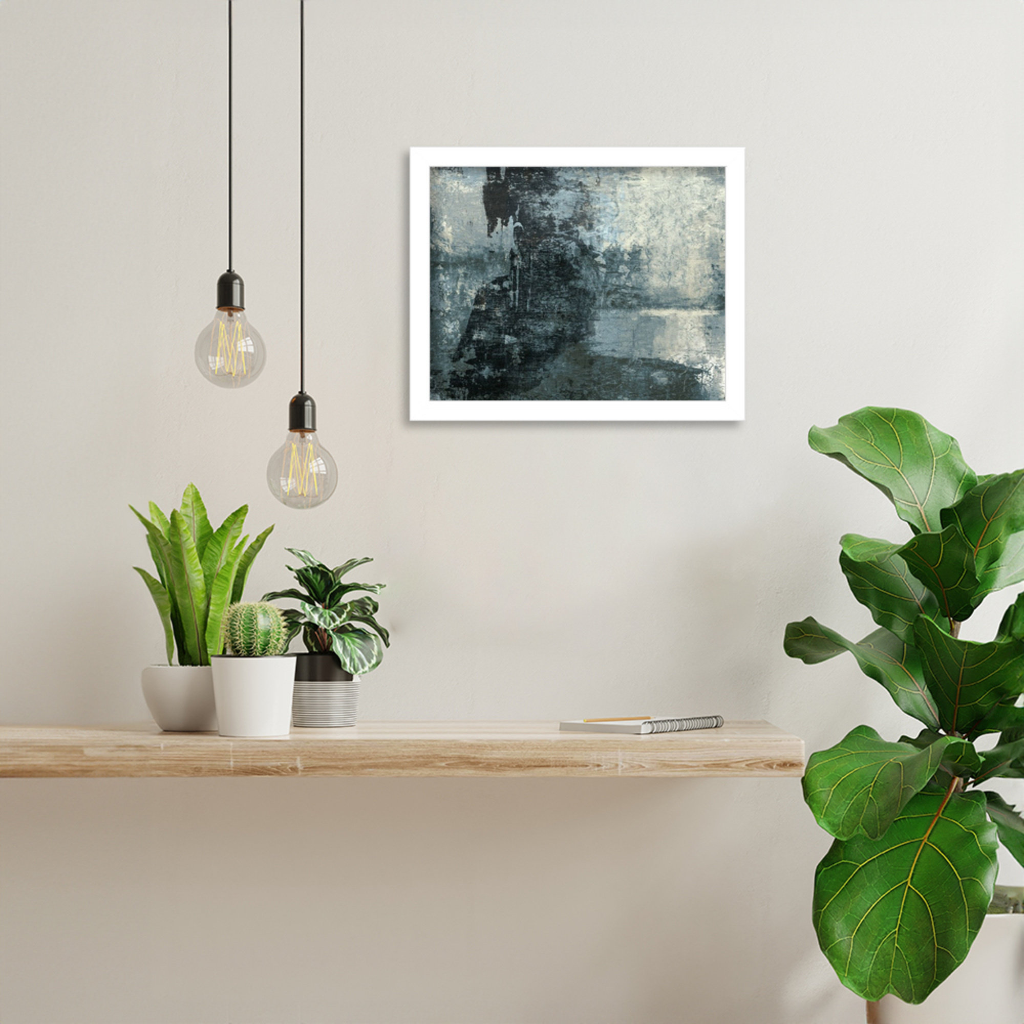 Black and Grey and Blue III by Fresno Wood Framed Wall Art Print, 11" H x 13" W, White