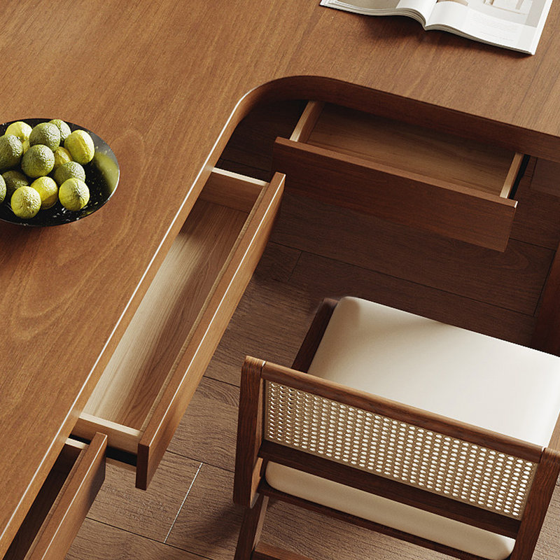 Bureau en bois massif en forme de L en noyer avec tiroirs faisant face à la droite, 29.53" H x 78.74" W x 55.12" D
