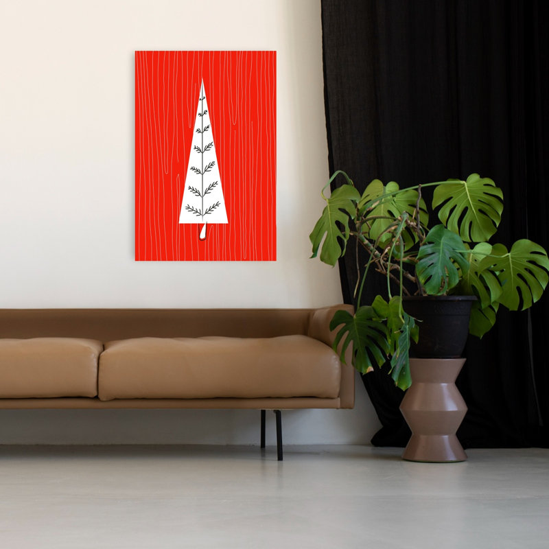 Arbre de Noël rouge minimaliste abstrait, arbre de Noël moderne minimaliste, pin, sapin, paysage d'hiver, impression d'art mural