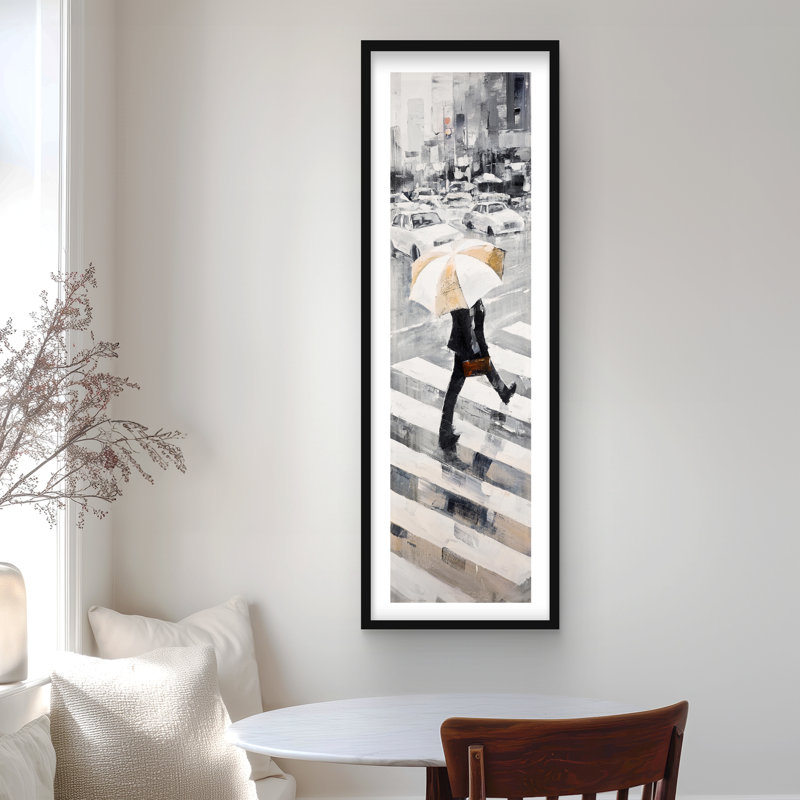 «Beige Street Scenery», reproduction encadrée avec passe-partout - homme avec parasol