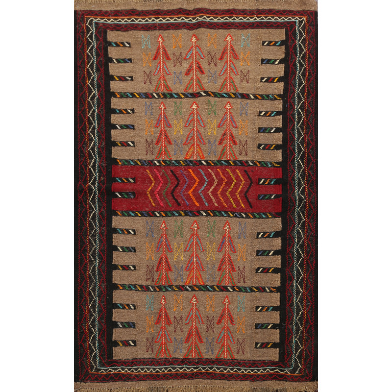 Tapis de la zone en laine rouge/beige/noir 3 pi 7 po x 5 pi 10 po one-of-kind main-noué la