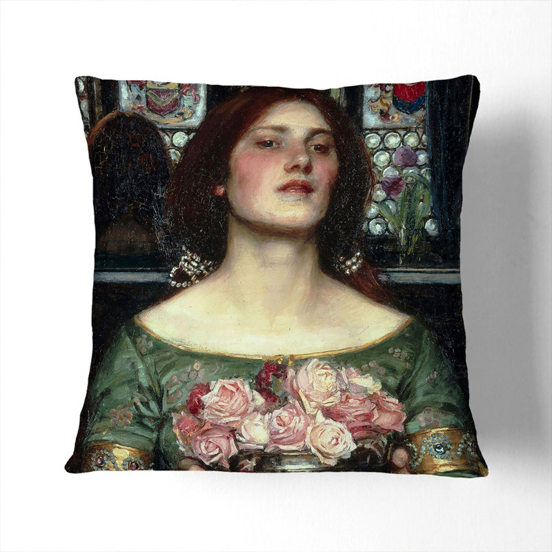 Girl With Flowers Square Throw Cushion, 40cm H x 40cm W x 15cm D, Black