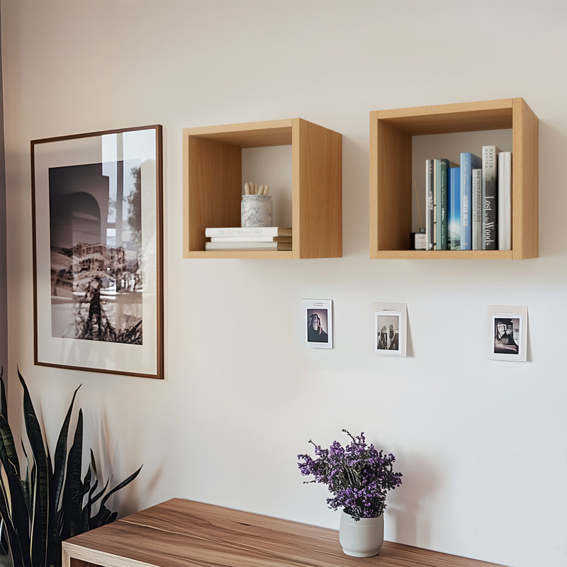 Ensemble de 2 tablettes murales cubiques flottantes pour la découverte de l'espace, Carré - P 7,9 po x l 12,6 po, Noyer clair