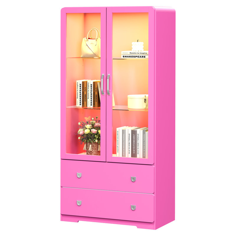 Vitrine haute 64 po avec portes en acrylique et lumières DEL, Rose