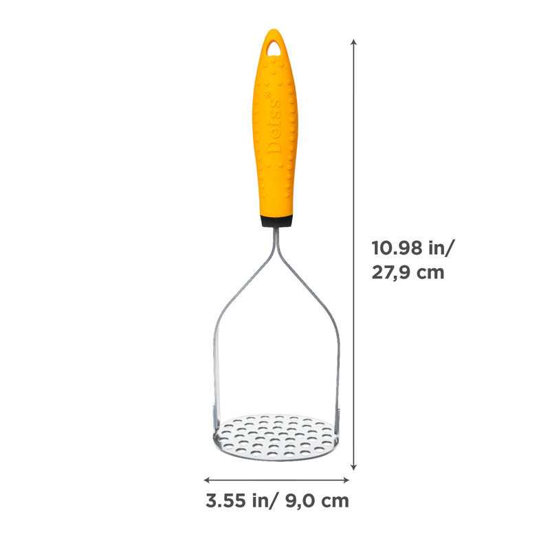 Deiss Pro Heavy Duty Stainless Steel Potato Masher with Non-Slip Rubber Handle, Orange/Silver