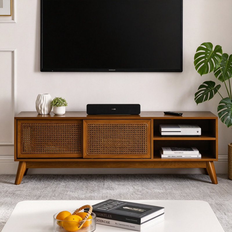 Mid Century Modern Rattan TV Stand For 65 Inch TV, 59 Inch Entertainment Cabinet Media Console With Solid Wood Feet And Rattan Cabinet Doors | Gift Idea