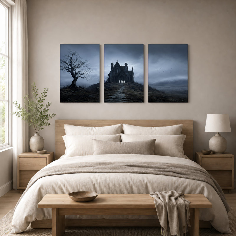 Maison gothique hantée avec trois fantômes - Ensemble de 3 toiles murales pour l'Halloween, 18"H x 12"W x 3pcs