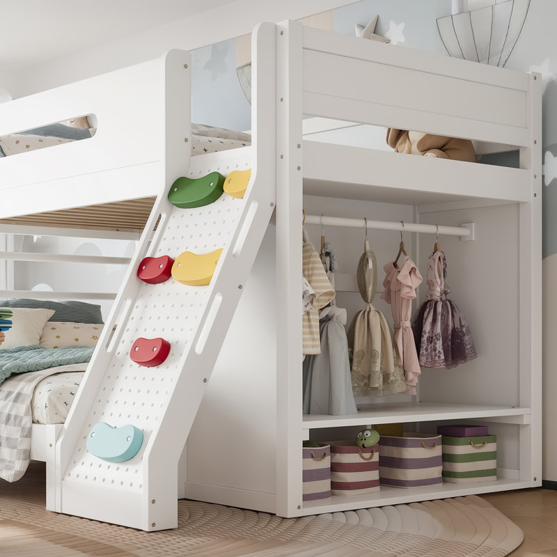 Lit superposé en bois massif avec garde-robe intégré et mur d'escalade, lit multifonctionnel pour enfants, Twin Over Full