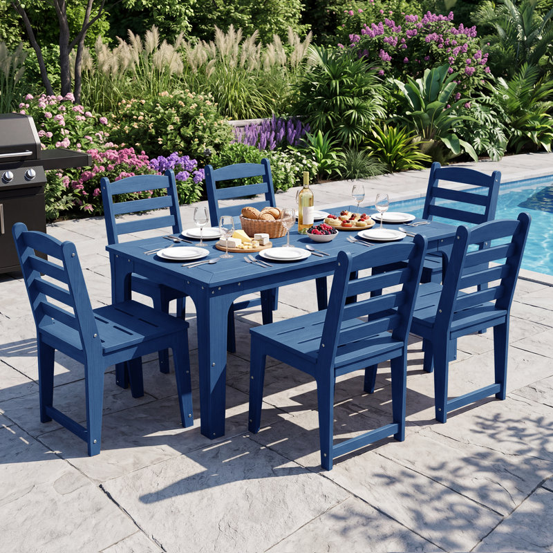 Ensemble de salle à manger 7 pièces avec 6 fauteuils et une table de salle à manger avec trou pour parasol, Bleu