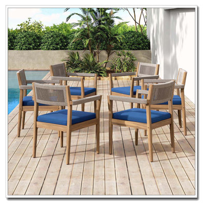 Ensemble de 6 chaises d'extérieur tressées en bois d'acacia avec coussins de style teck, corde beige et bleu marine