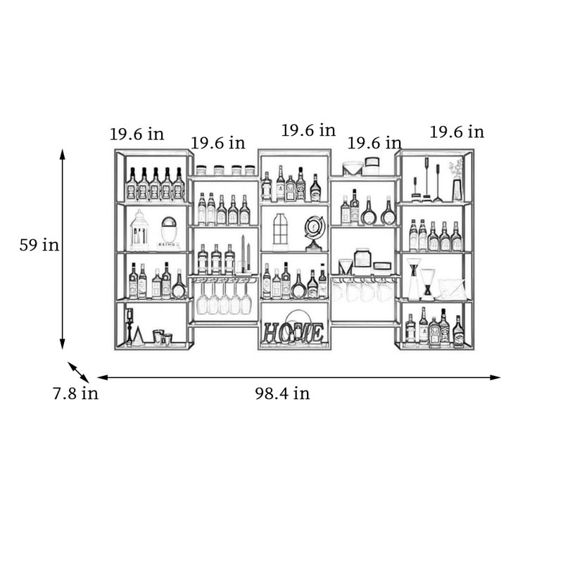 Simple multi-layer wall-mounted wine rack, 59" H x 98.4" W x 7.8" D