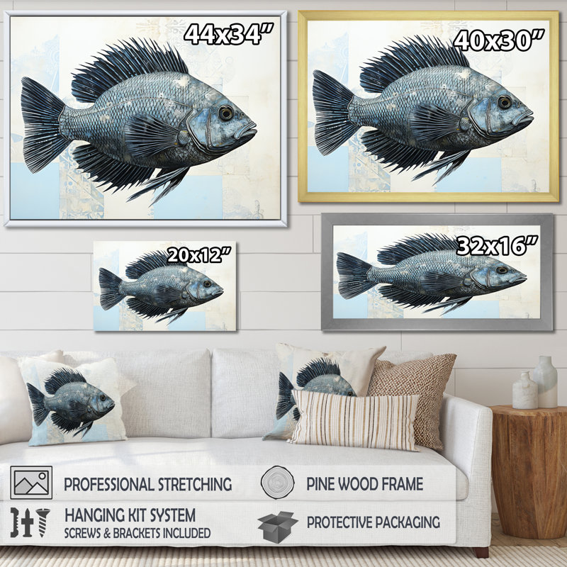 " Fish In The Deep Blue ", White Floater Framed, 30" H x 40" W x 0.5" D