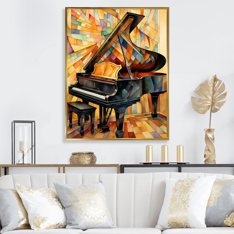 Cubique noir et jaune piano élégance - Piano, art mural, Cadre flottant doré, H 40 po x l 30 po x P 1,5 po
