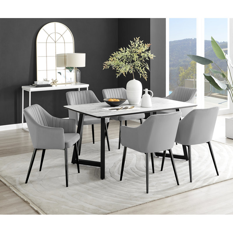Industrial Design White & Grey Marble Effect Melamine Dining Table Set with 6 Velvet Dining Chairs, Gray/Black