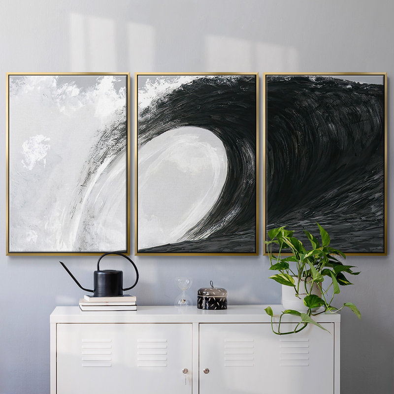 3 vagues noires et blanches IV, H 24 po x l 48 po, Encadrement doré