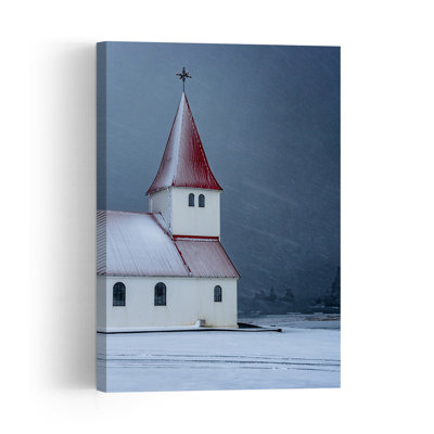 Église d'hiver islandaise, paysage architectural abstrait serein et tranquille, impression d'art mural