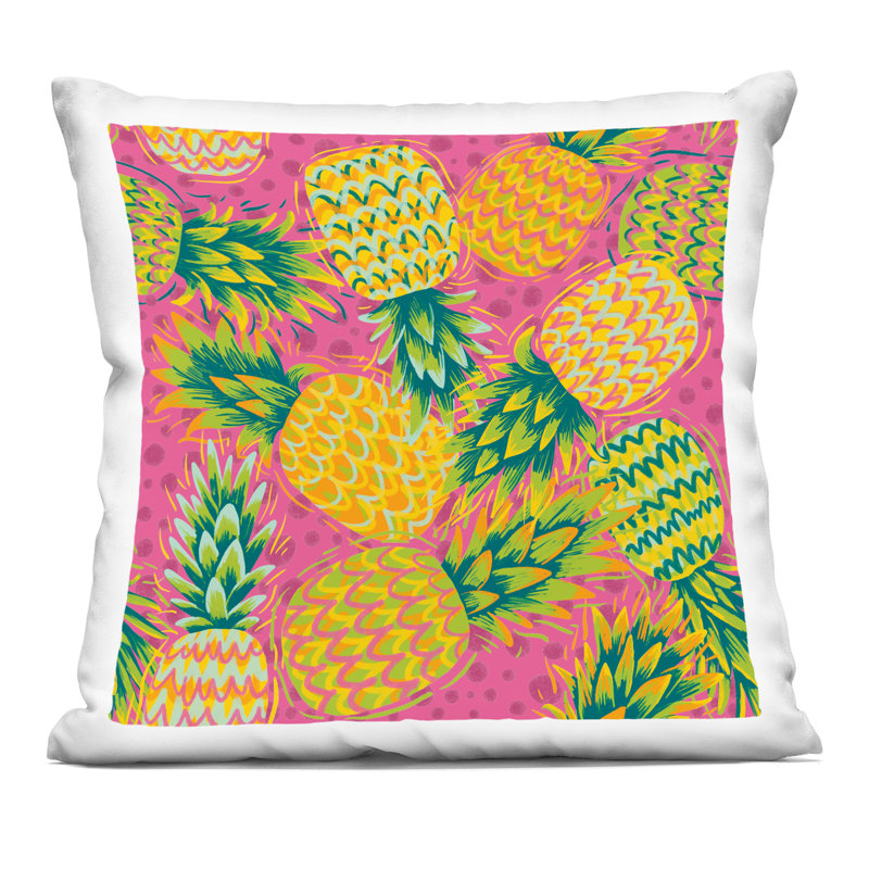 Design de coussin décoratif tropical à motif d'ananas tropicaux sur pois mauves par Jilly Jack Designs